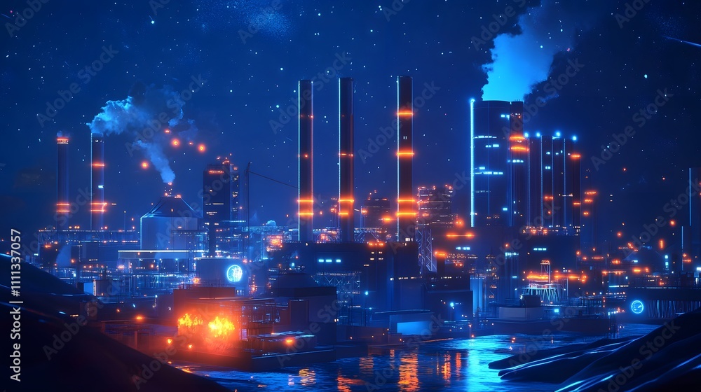 Obraz premium A cityscape with a glowing skyline and a river. The city is lit up with neon lights, giving it a futuristic and industrial feel. The sky is filled with stars, creating a sense of wonder and awe