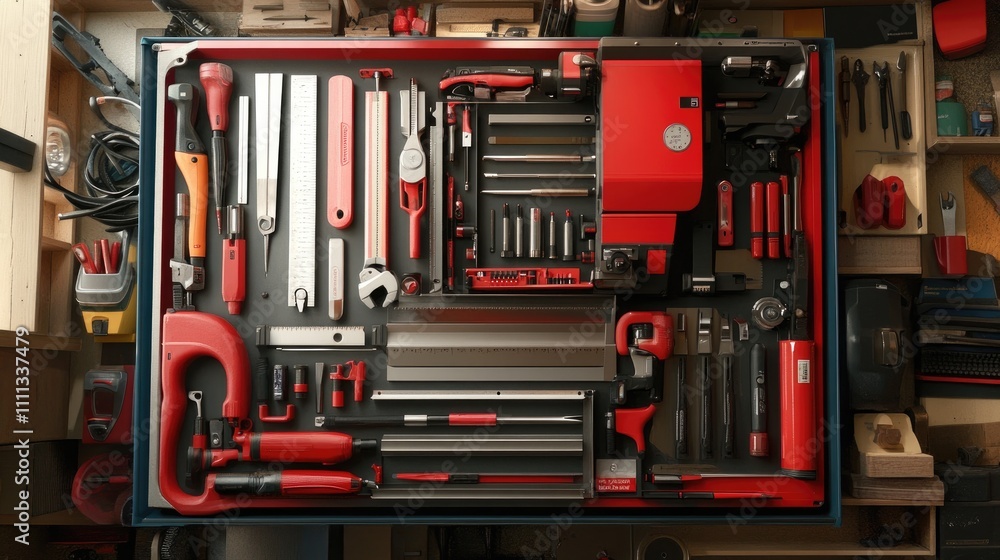 Organized Tool Box with Red and Silver Hand Tools and Accessories Organized Tool Box with Red and Silver Hand Tools and Accessories