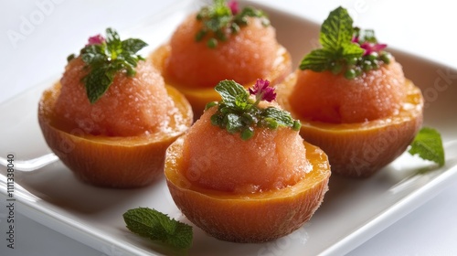 Refreshing Fruit Sorbet in Sweet Citrus Cups with Mint Garnish