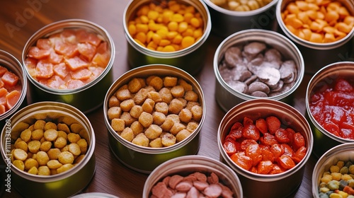 Various cans of dog food stacked on a shelf, showcasing a selection of different brands and flavors of dog food for pets. Ideal for pet owners seeking nutritious and convenient meal options for their  photo