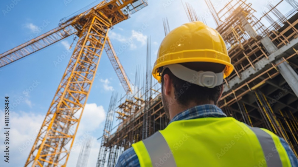 A detailed view of a construction worker wearing a yellow hard hat and safety vest, with a background of steel beams and cranes, Construction site scene A detailed view of a construction worker wearing a yellow hard hat and safety vest, with a background of steel beams and cranes, Construction site scene