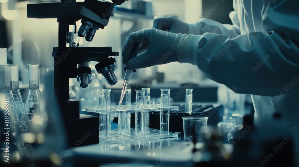 A detailed view of a scientist in a laboratory conducting experiments with scientific equipment, Laboratory scene, Scientific exploration style A detailed view of a scientist in a laboratory conducting experiments with scientific equipment, Laboratory scene, Scientific exploration style