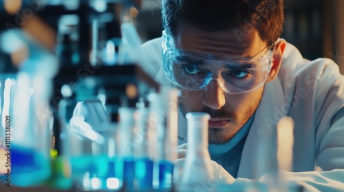 A detailed view of a scientist in a laboratory conducting experiments with scientific equipment, Laboratory scene, Scientific exploration style