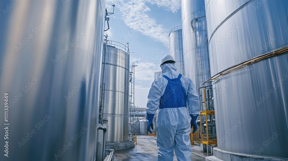 Worker in Protective Suit Observing Industrial Storage Tanks Outdoors Worker in Protective Suit Observing Industrial Storage Tanks Outdoors