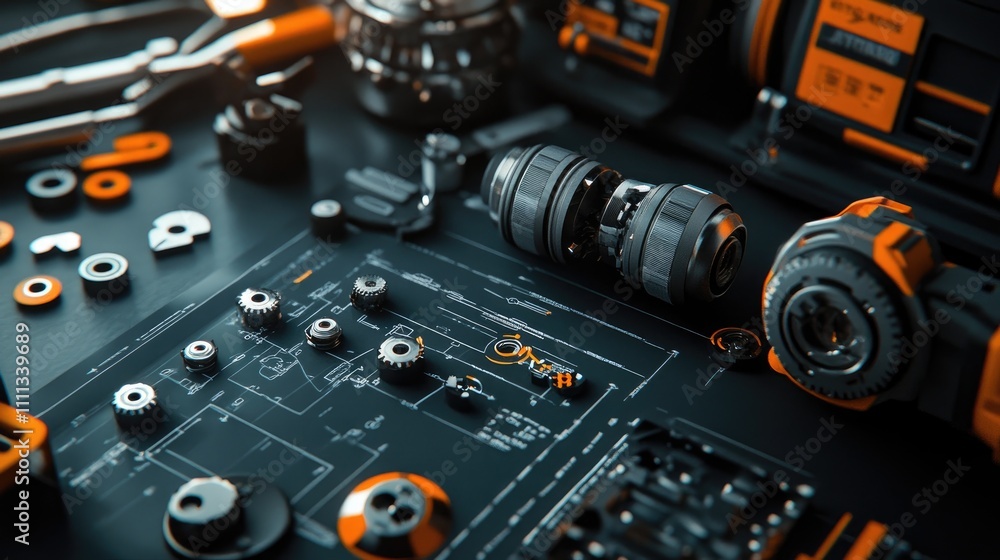 Fototapeta premium Close-Up of Mechanical Tools and Components in Orange and Black Design