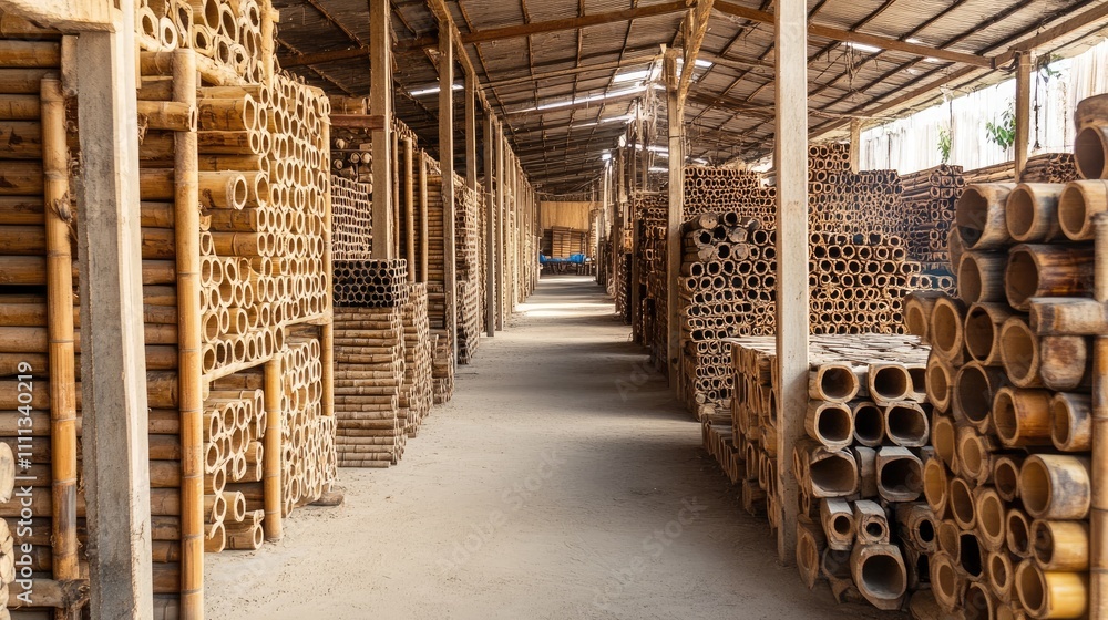 Fototapeta premium Abundant Bamboo Storage and Stacks in Warehouse Interior Space