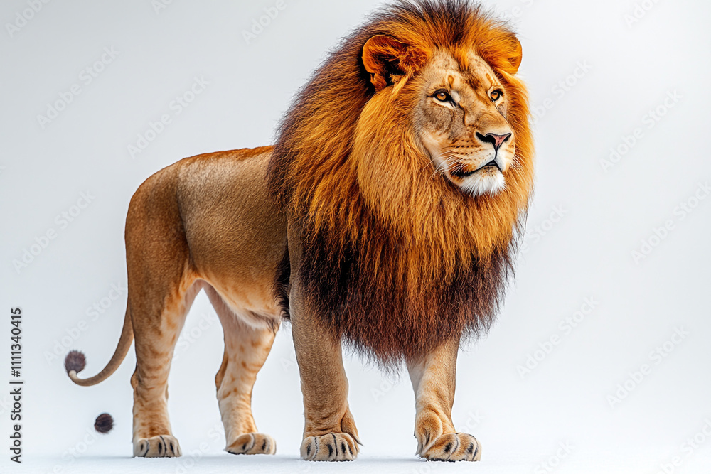 Obraz premium Majestic Male Lion Stands Against White Background
