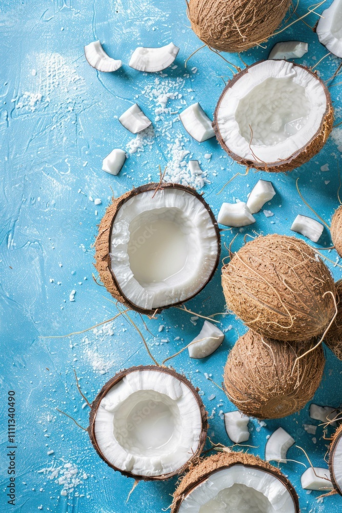 Fresh brown coconuts on blue textured background, with coconut flesh and chips scattered around. Tropical fruit and healthy diet concept. Fresh brown coconuts on blue textured background, with coconut flesh and chips scattered around. Tropical fruit and healthy diet concept.