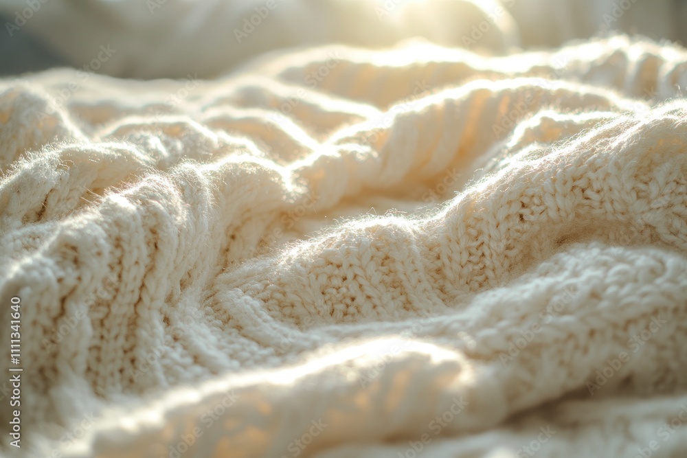A close-up of a soft, knitted cream-colored blanket with gentle textures and warm light. A close-up of a soft, knitted cream-colored blanket with gentle textures and warm light.