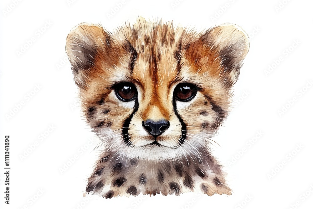 Obraz premium A detailed illustration of a cheetah cub's face, showcasing its expressive eyes and fur patterns.