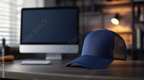 Blue Baseball Cap with Mesh Back on Wooden Desk with Computer in Background photo