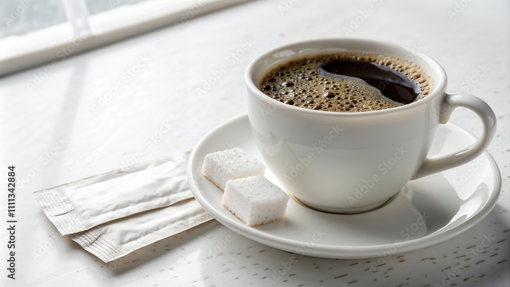 White cup of black coffee with sugar on saucer and table White cup of black coffee with sugar on saucer and table