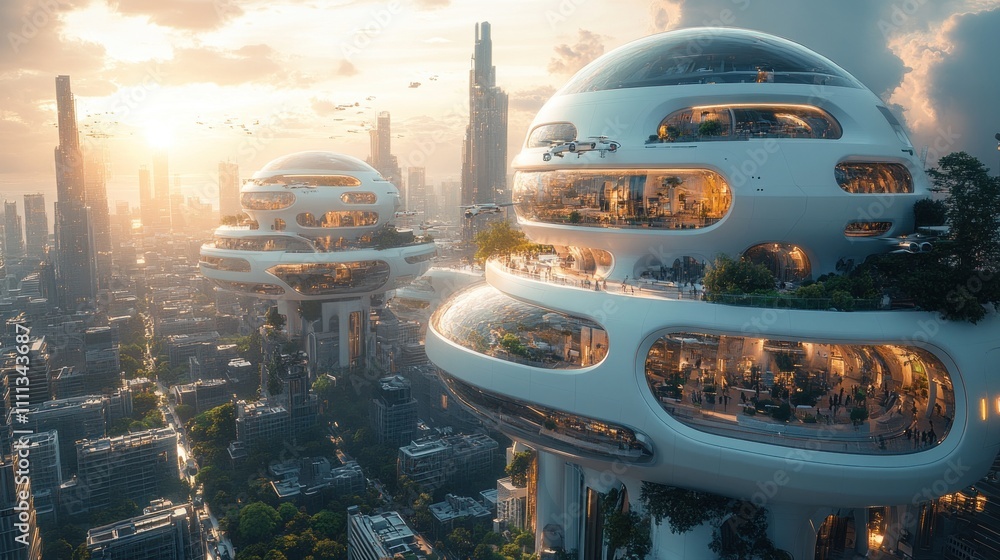 Fototapeta premium Futuristic Cityscape with Spherical Buildings