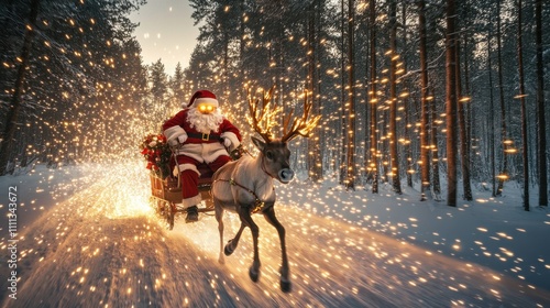 Whimsical Santa Riding Through a Sparkling Winter Forest