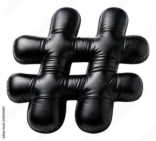 A black leather object with a black square in the middle and four black lines on the sides. The object is a symbol of a hashtag