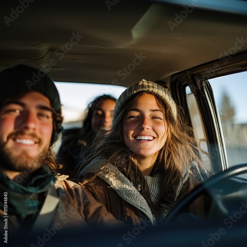 A cheerful car-sharing road trip brings together a group of diverse friends. The Zeiss Batis 18mm f/2.8 lens highlights their adventurous spirit and communal vibe. photo