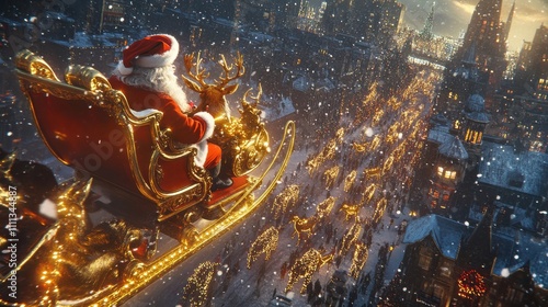 Santa on a Sleigh with Golden Reindeer in Snowy City