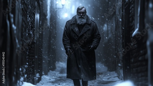 A mature man with a long beard walks down a snowy alleyway at night. The dark, cold setting enhances his serious expression.