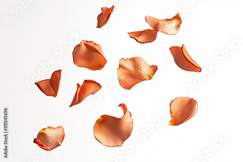 copper-colored rose pedals falling in the air white background