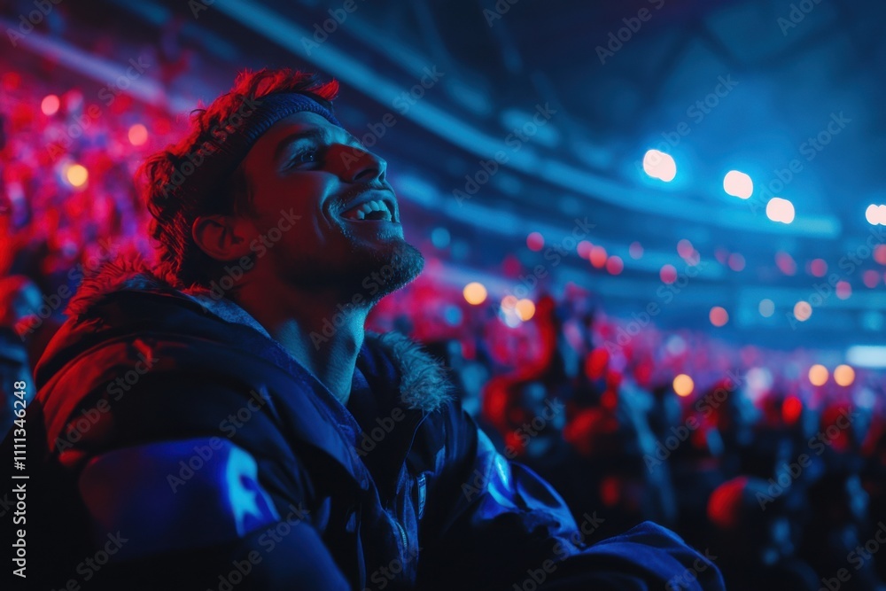 Obraz premium A man is sitting in a stadium with a crowd of people around him