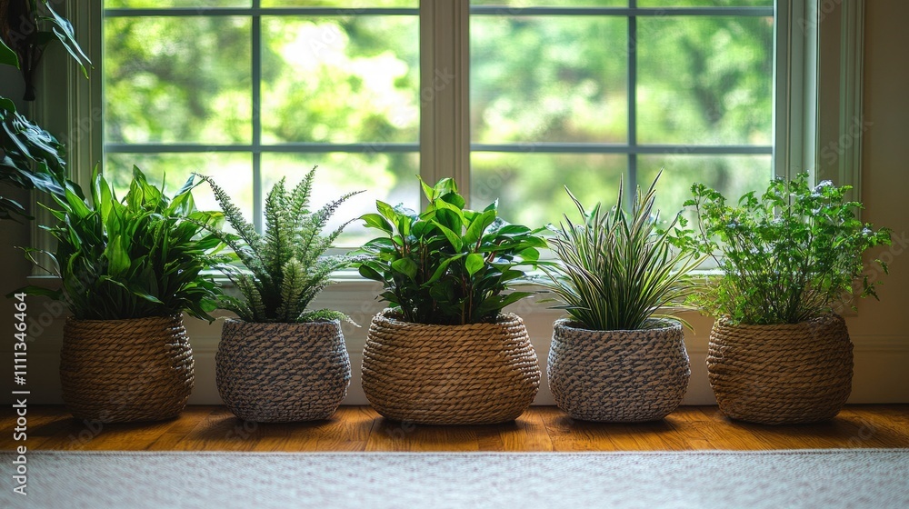 A row of potted plants by a window, enhancing indoor greenery and natural light. A row of potted plants by a window, enhancing indoor greenery and natural light.
