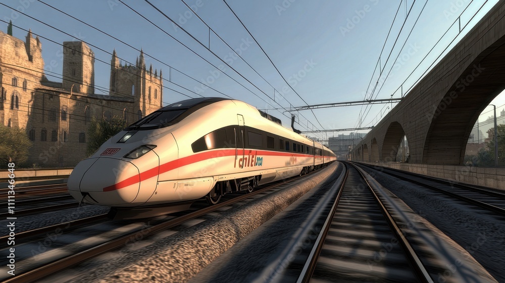 High-Speed Train Approaching Bridge in Europe High-Speed Train Approaching Bridge in Europe
