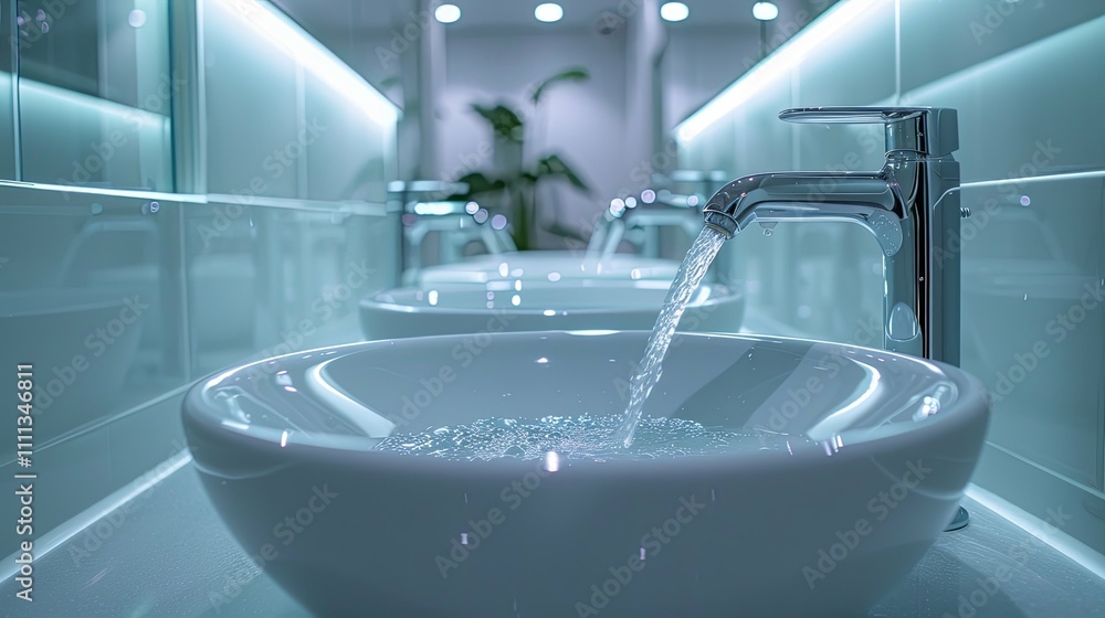 custom made wallpaper toronto digitalModern bathroom sinks with chrome faucets, water flowing into one basin.