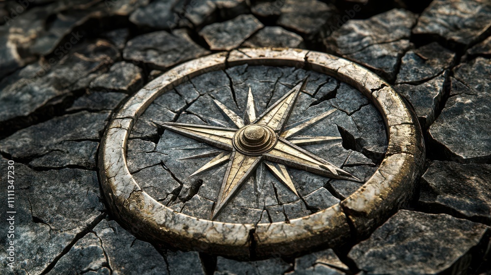 A symbolic depiction of a compass made of fragmented marble pieces, guiding a fragmented society A symbolic depiction of a compass made of fragmented marble pieces, guiding a fragmented society