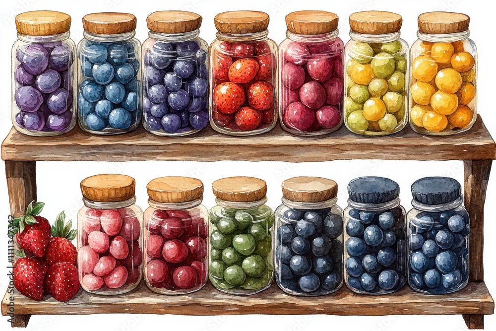 A wooden shelf displays colorful jars filled with various candies and fruits. A wooden shelf displays colorful jars filled with various candies and fruits.