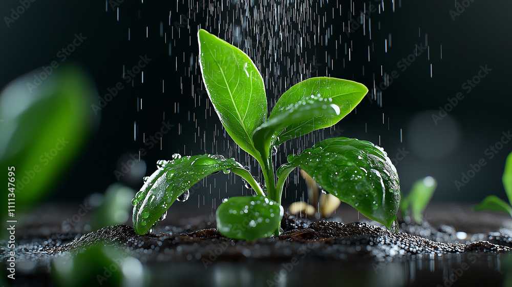 vibrant green plant growing in moist soil, surrounded by droplets of water vibrant green plant growing in moist soil, surrounded by droplets of water