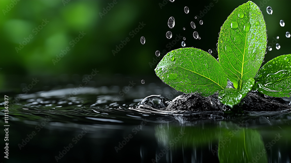 Fresh green leaves with water droplets on dark background Fresh green leaves with water droplets on dark background