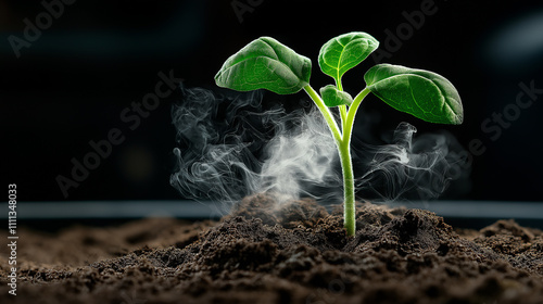 vibrant plant emerging from dark soil, showcasing transpiration