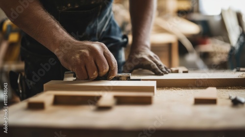 A focused shot of a carpenter crafting custom cabinetry for a luxury hotel renovation, Hotel renovation scene, Bespoke woodworking style