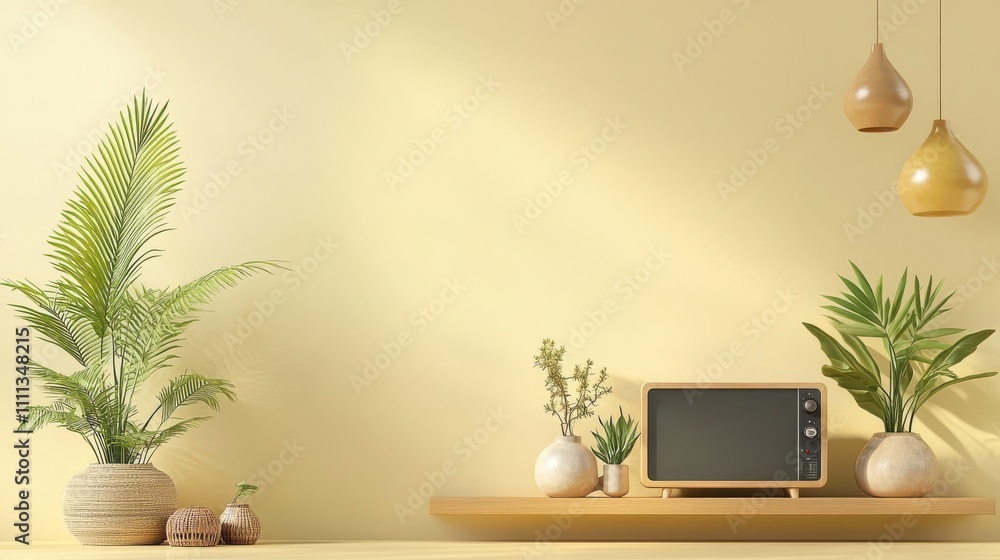 Retro tv display on minimalist wooden shelf surrounded by lush green plants in a bright yellow room aesthetic home decor concept for modern living spaces Retro tv display on minimalist wooden shelf surrounded by lush green plants in a bright yellow room aesthetic home decor concept for modern living spaces