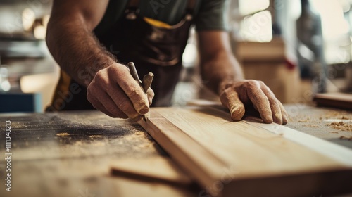 A focused shot of a carpenter crafting custom cabinetry onsite for a luxury residential project, Custom cabinetry installation scene, Woodworking craftsmanship style