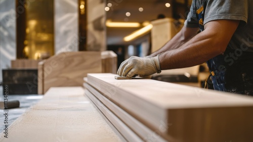 A focused shot of a carpenter crafting custom millwork for a luxury hotel lobby renovation, Hotel renovation scene, Bespoke woodworking style