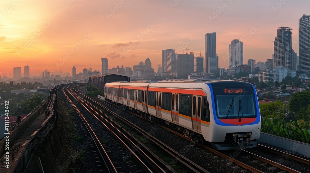 Panoramic View of Jakarta's MRT Train at Sunrise Panoramic View of Jakarta's MRT Train at Sunrise