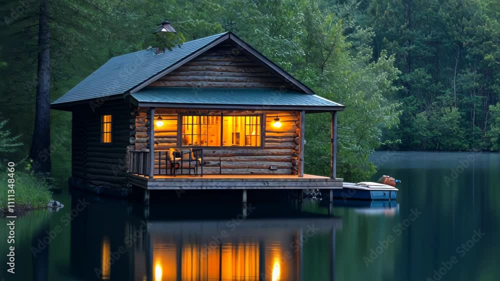 Serene Lakeside Log Cabin at Dusk Serene Lakeside Log Cabin at Dusk