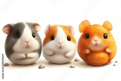 Three adorable cartoon-style hamsters in various colors, sitting together on a white background.