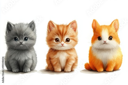 Three adorable cartoon-style kittens in various colors, sitting cutely together.