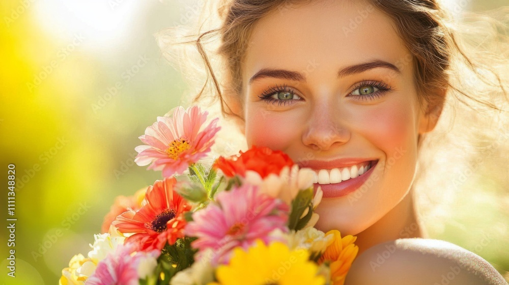 Happy woman hugging a colorful bouquet of spring flowers, smiling warmly, generative ai Happy woman hugging a colorful bouquet of spring flowers, smiling warmly, generative ai