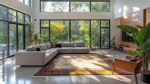Spacious modern living room with large windows and greenery.