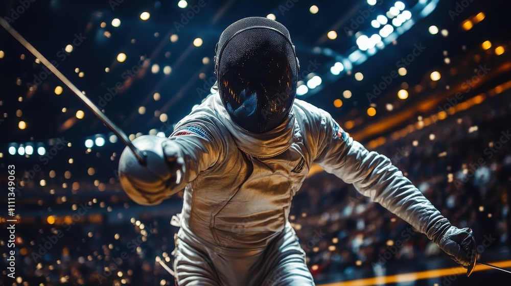 Naklejka premium A man in a space suit is fencing in a stadium
