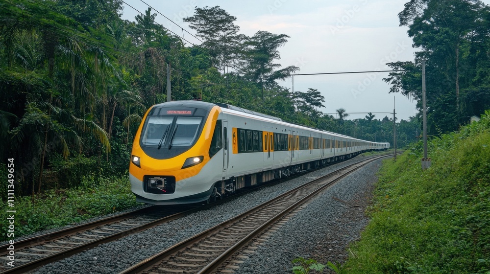 Obraz premium Sleek Electrical Train Moving through Lush Greenery