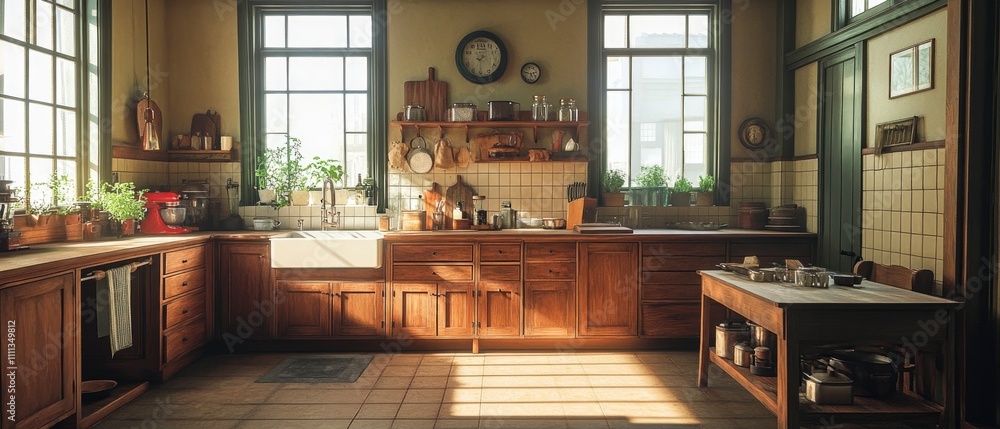A warm, inviting kitchen with wooden cabinets, natural light, and greenery. A warm, inviting kitchen with wooden cabinets, natural light, and greenery.