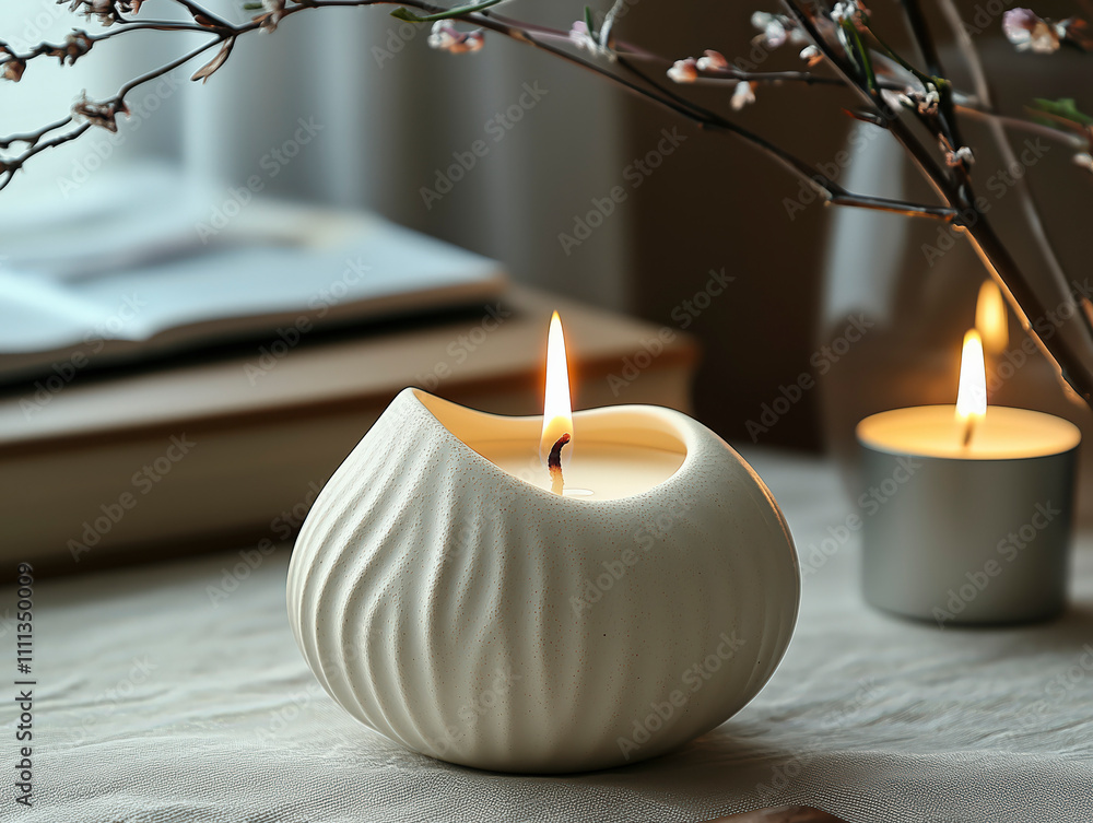 Textured ceramic aromatherapy candle holder with minimalist home background Textured ceramic aromatherapy candle holder with minimalist home background