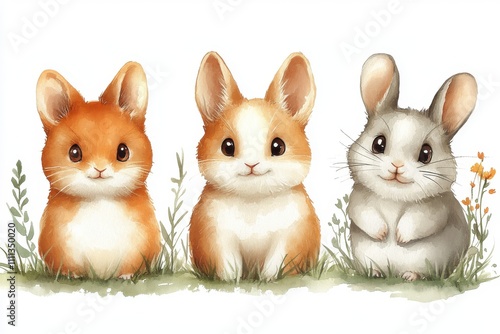 Three cute, cartoon-style rabbits sitting in grass with flowers.