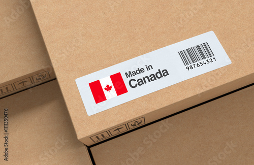 Cardboard Boxes with Canadian Flag, Made in Canada Label, and Barcode - 3D Render