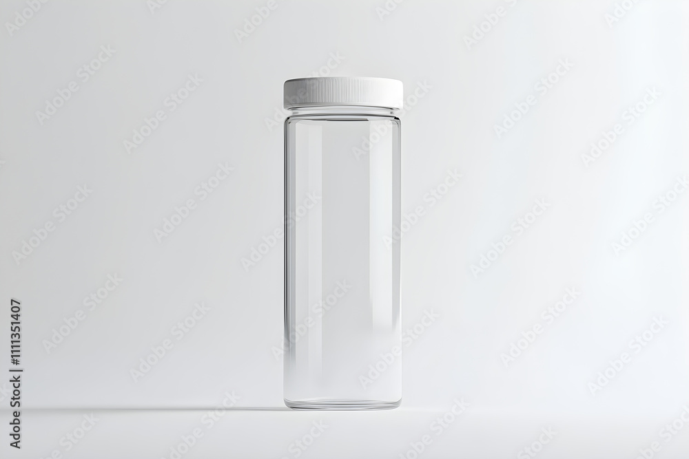 Minimalistic Transparent Juice Cylinder with White Cap on Pristine Background Minimalistic Transparent Juice Cylinder with White Cap on Pristine Background