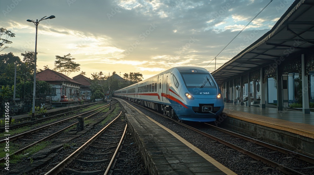 Fototapeta premium High-Speed Train at Indonesian Station at Sunset